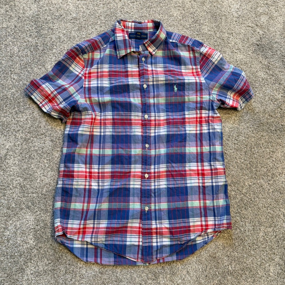 Polo Ralph Lauren Boys XL 18-20 Plaid Short Sleeve Button Down Shirt Blue Red